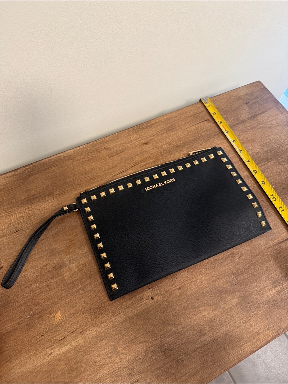 Michael Kors Black Leather Studded Wristlet Pouch with Gold Accents